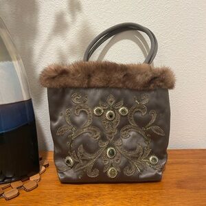 Escada Brown Tote with Embellishments and Fur Trim